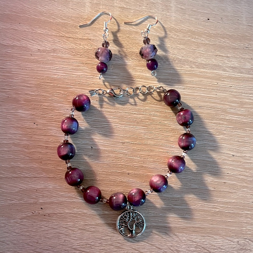 Handmade Purple Amethyst Bracelet with Matching Purple Beaded Earrings Set